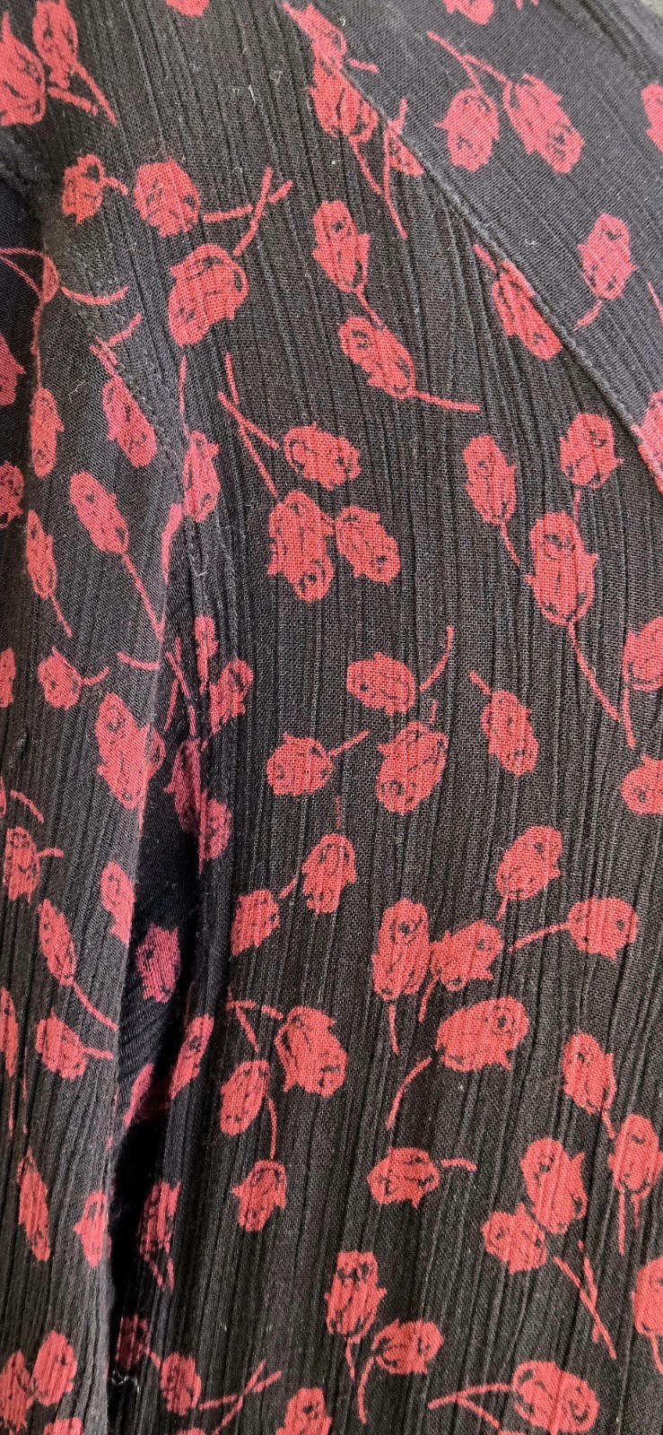 1980s NOSTALGIA Sheer Black & Red Floral Dress W/Full Pleated Sweep Skirt Sz M