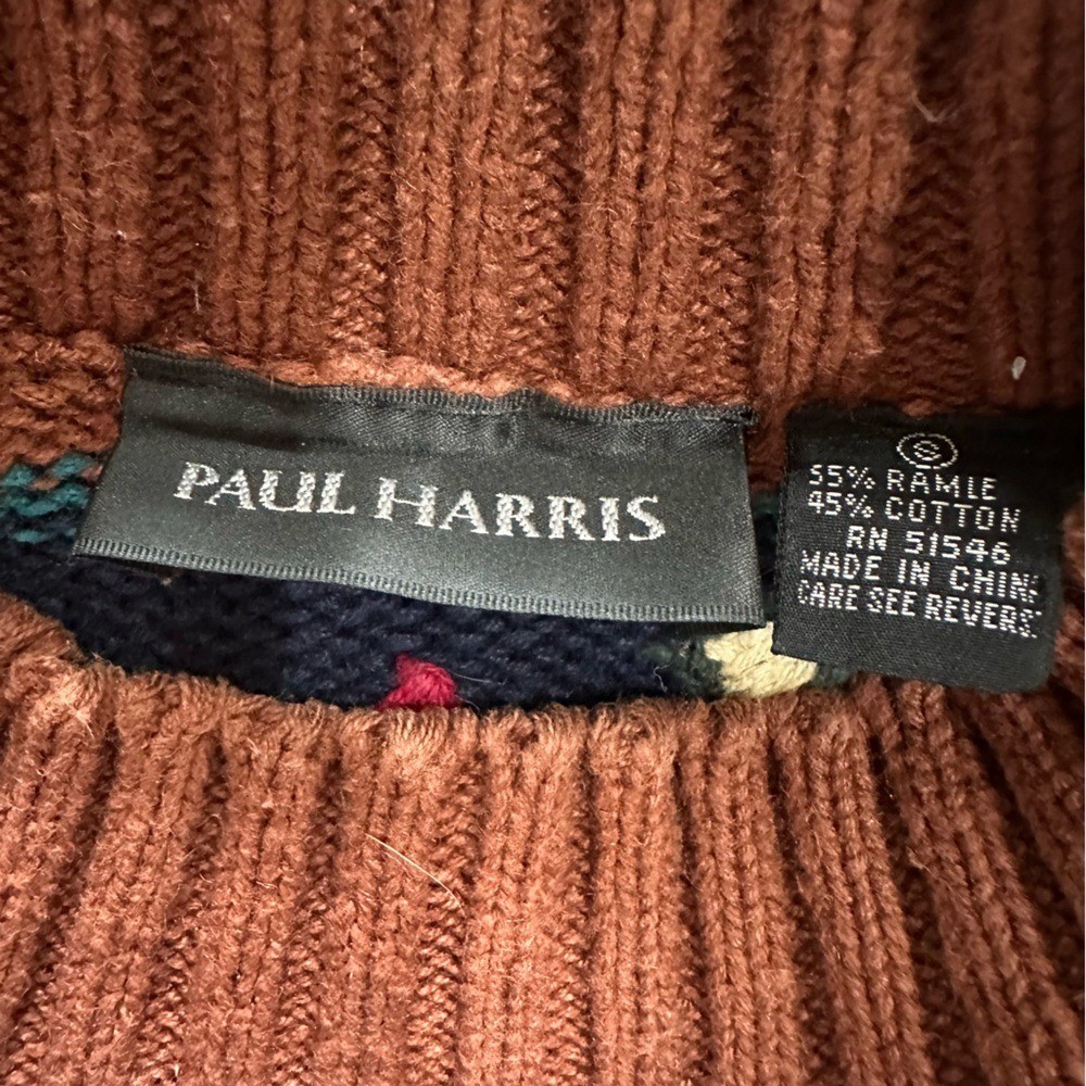 Vintage Paul Harris Brown Navy Boho Folk Tapestry Knit Sweater Small Indie 90s