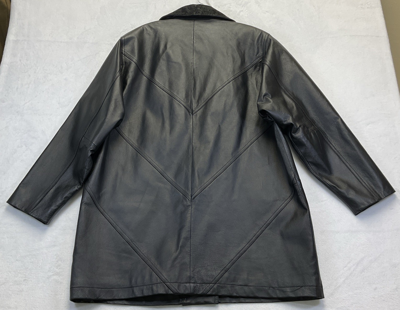 Vtg 80s Preston & York Leather Coat sz PL Black Embossed Paisley Suede Modern