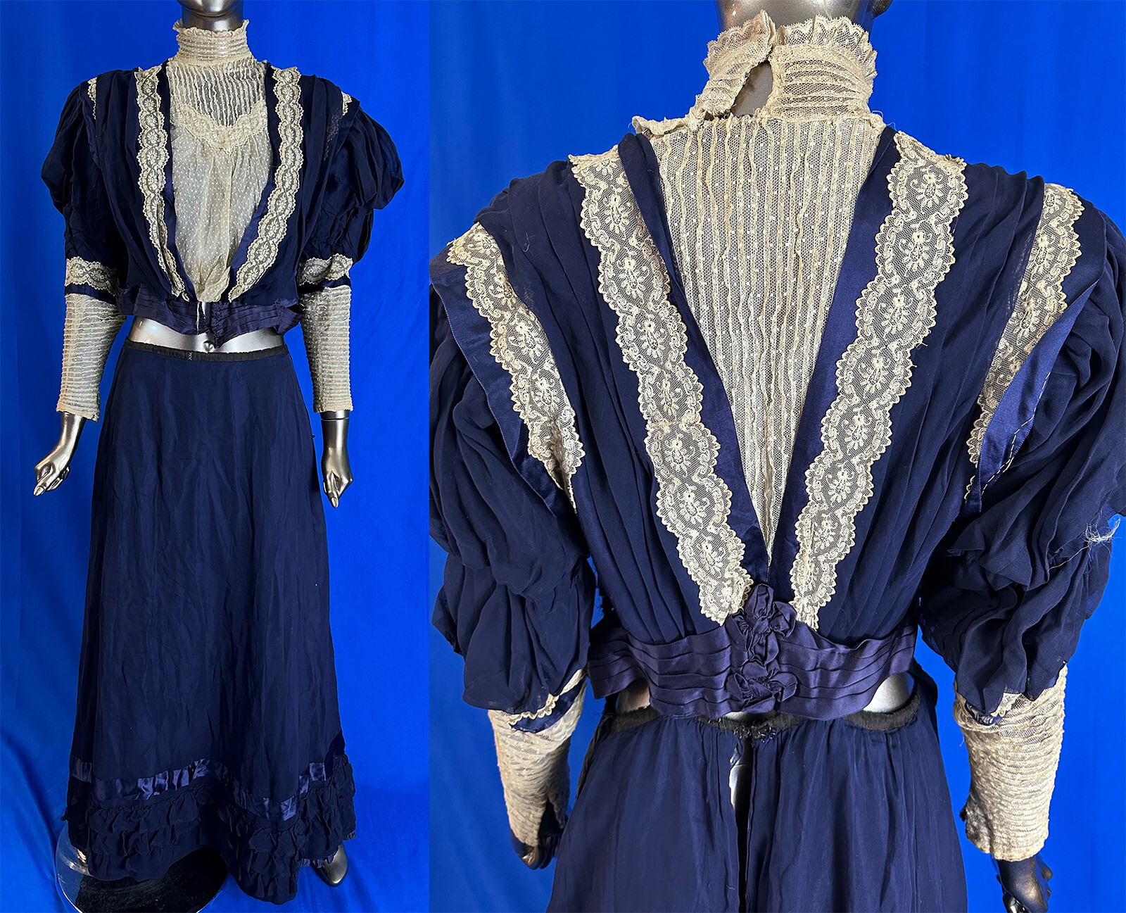 Victorian Royal Blue Silk Lace Leg o Mutton Sleeve Bodice Skirt Kensington Dress