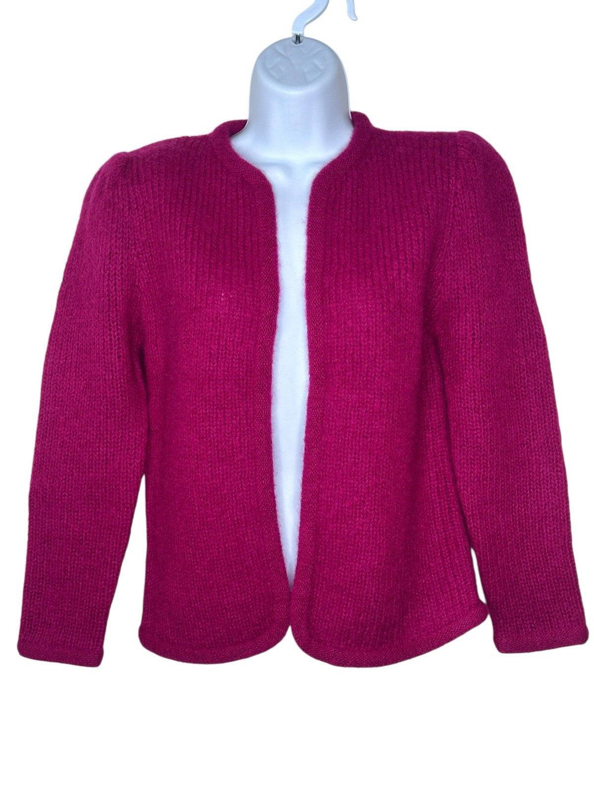 VTG Meredith Wool Open Front Cardigan Sweater Womens Knit SMALL Raspberry 70s 3