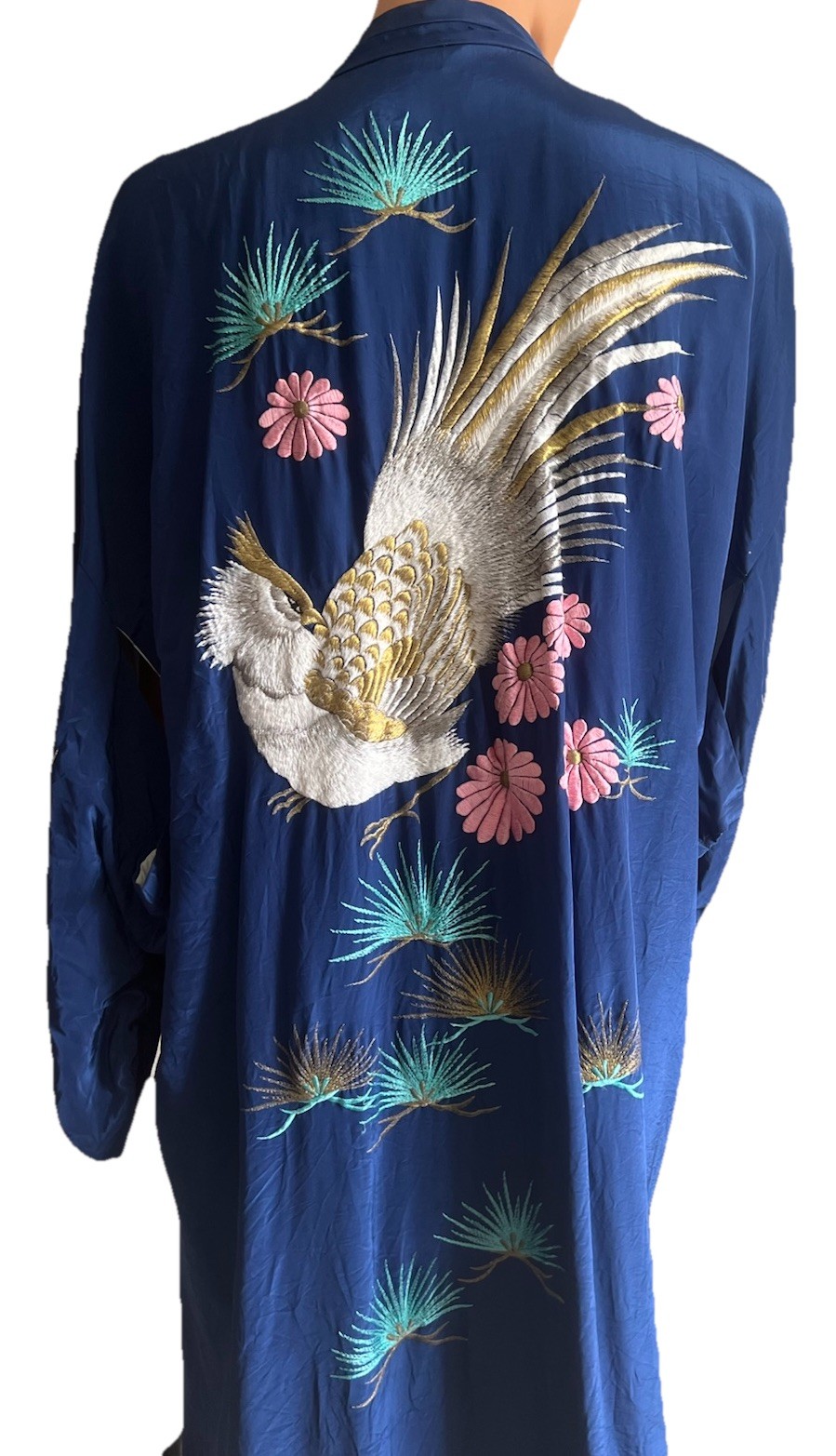 Vintage 60s Joli Japanese Kimono Robe Phoenix Pink Blue Floral Botanical