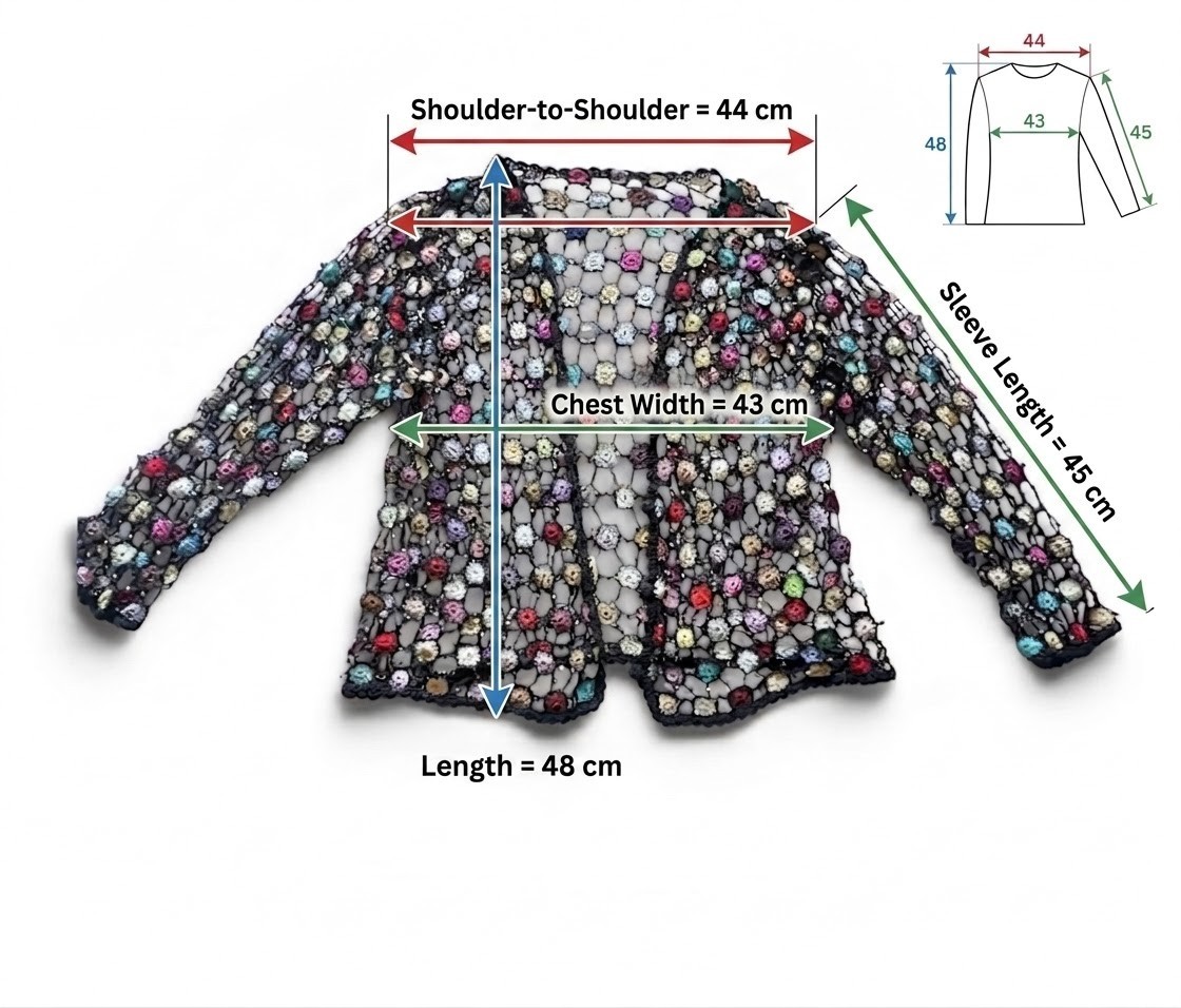 Vintage Handmade Crochet Cardigan Colorful Boho Open Front Jacket Shrug Summer