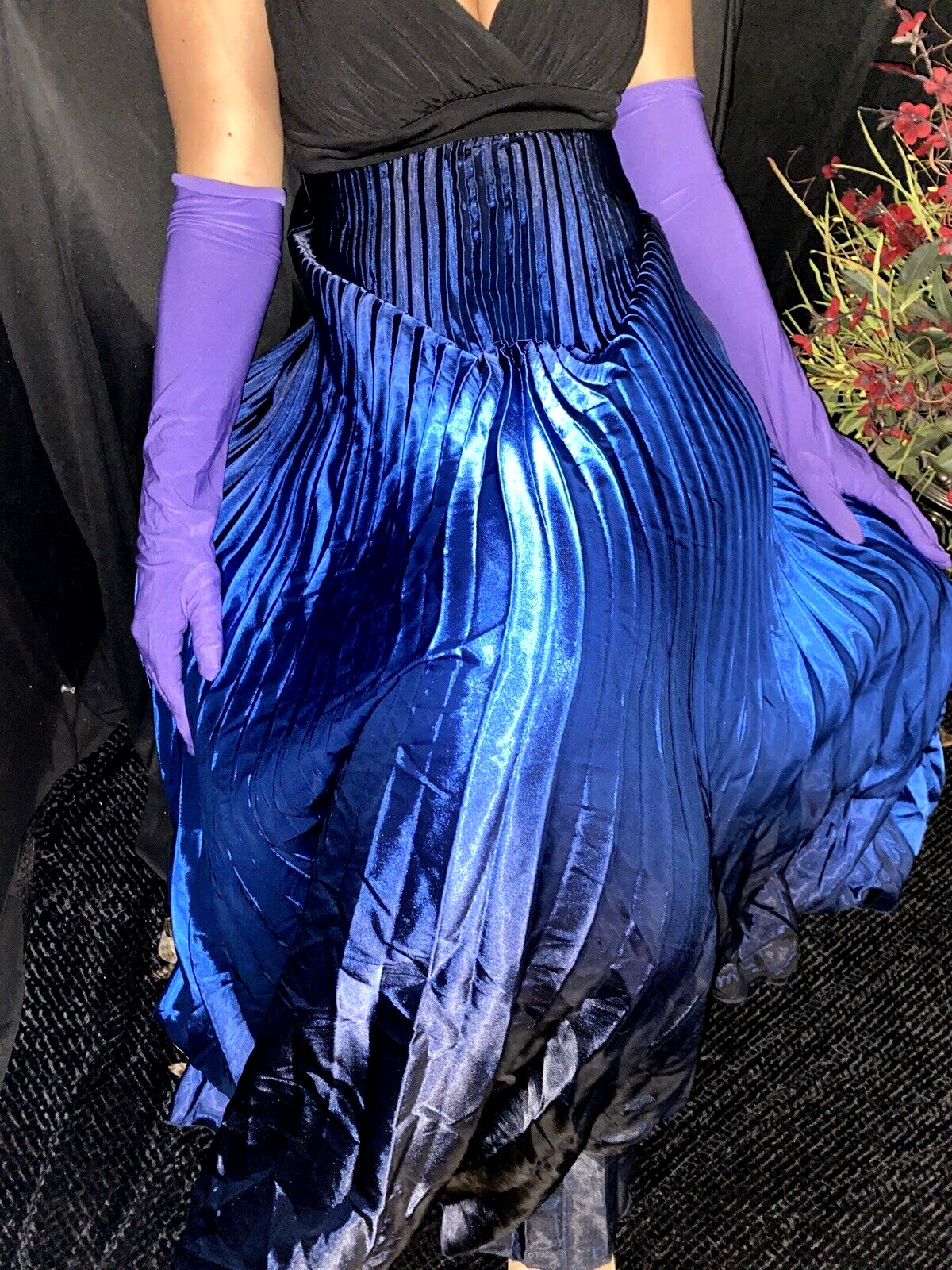 VTG SATIN BLUE OMBRE SHINY CRYSTAL ACCORDIAN PLEAT MAXI FORMAL DRESS 12 FERNELL