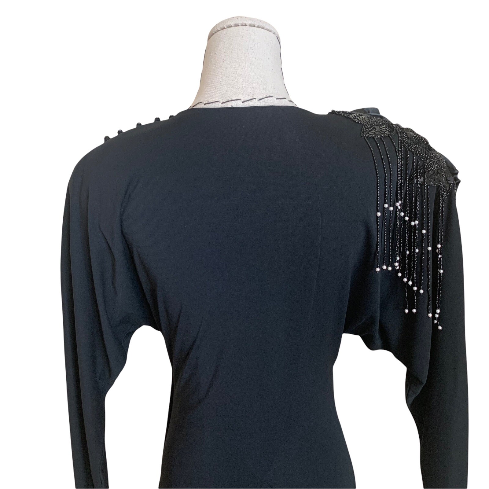 Vintage 80s Casadei Glam Beaded Evening Dress Draped Deco 20s Big Shoulders S