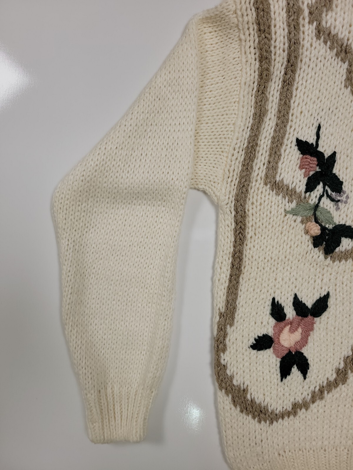 80s 90s Vintage Jamie Scott Tan Knit Floral Cottagecore Sweater Cardigan Women M