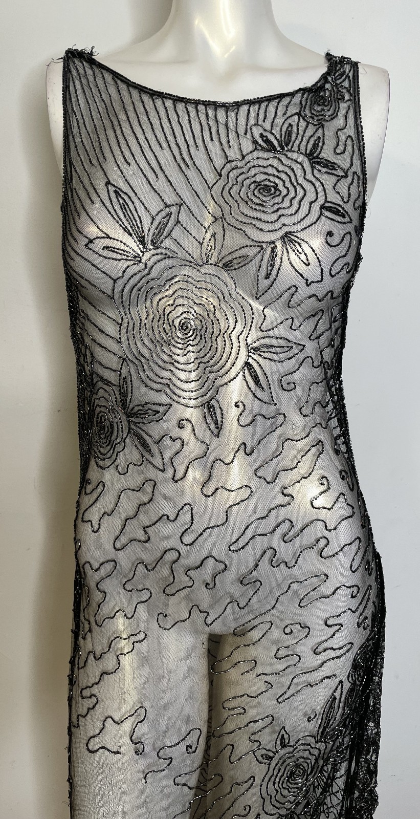 Antique 30s Art Deco Black Lace Sheer Beaded Dress S XS Floral Holes