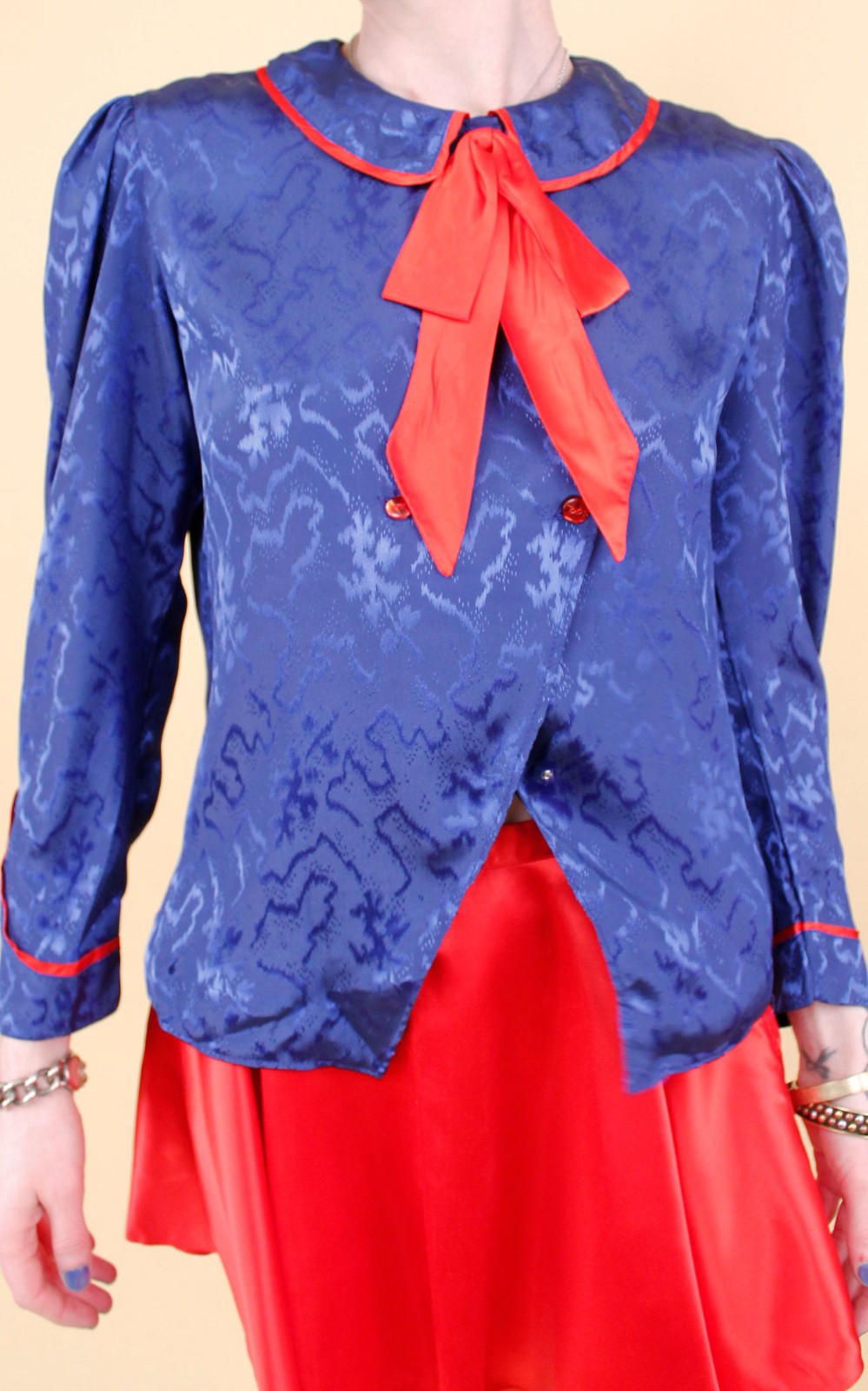 80s Vtg Blue Satin Sailor Moon Style Collar Blouse Shirt Button Up Nautical B34″