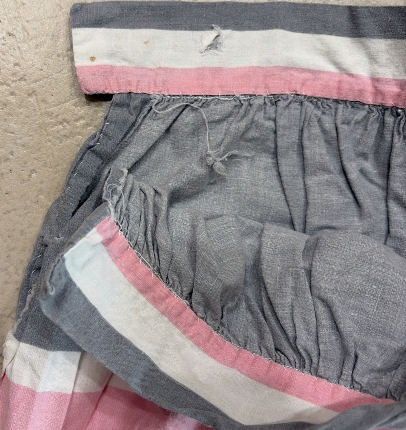 1970’s 31″ Long Unfinished Homemade Stripped Skirt Gray, Pink & White