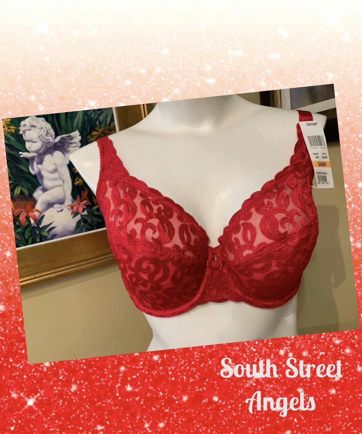 VINTAGE WACOAL 85199 ~ RED ARABESQUE SEMI SHEER FULL FIGURE UNDERWIRE BRA 34DD