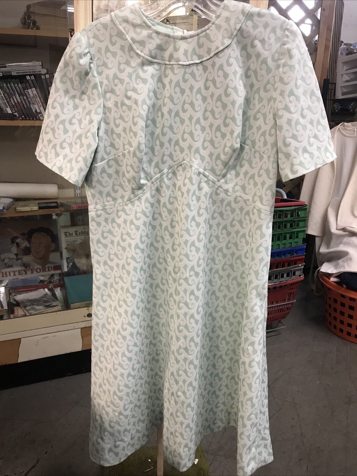 Vintage 70s Shift Dress Double Knit Poly Handmade Green White Geometric Sz M