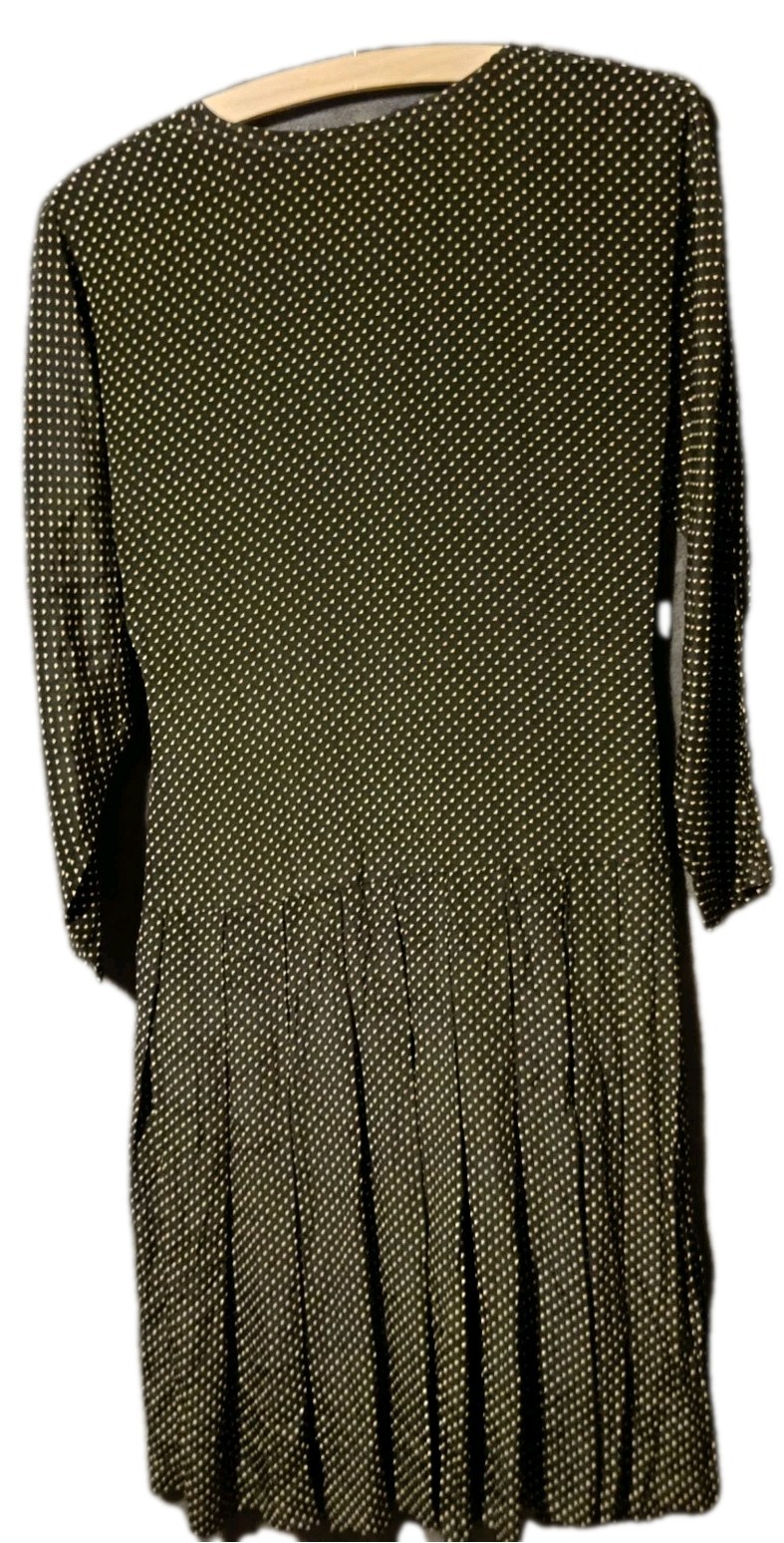 Vintage Dress Black Cream Polka Dots Size 34 36 XS S Midi Retro Pleated Skirt Pockets