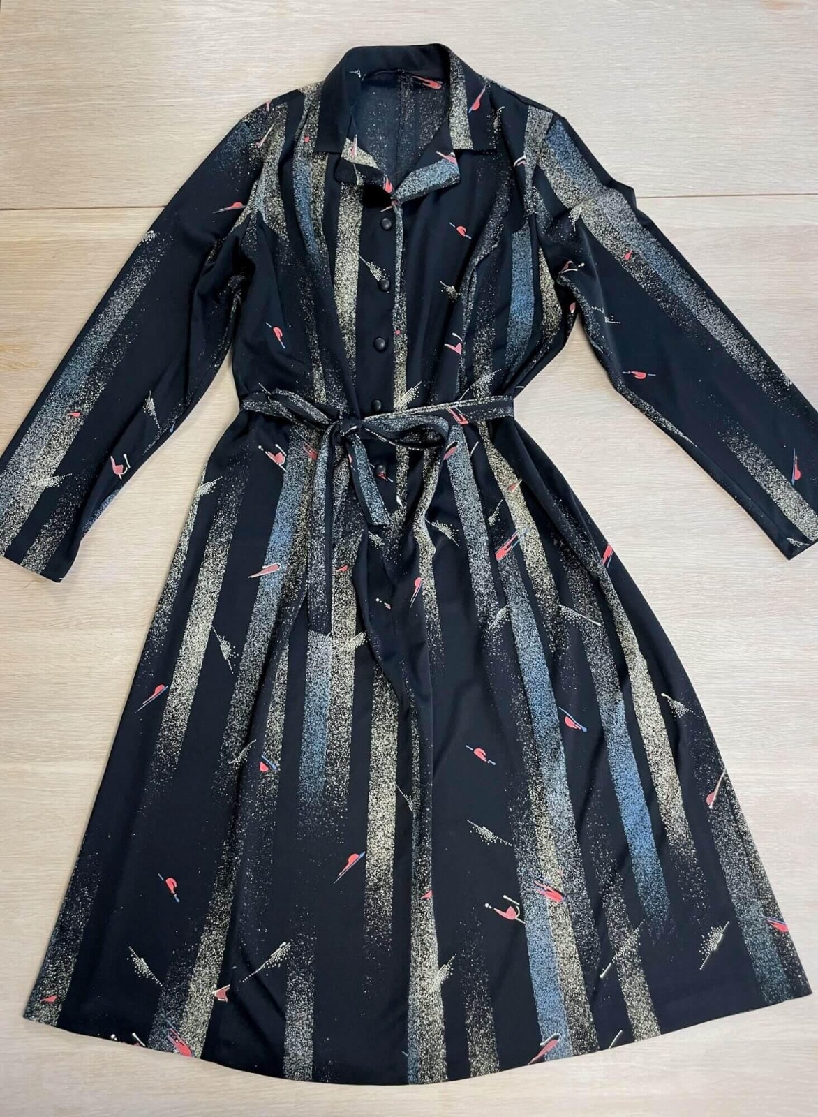 Vintage 80s Abstract Print Shirt Dress, Belted A-Line Midi, Size L