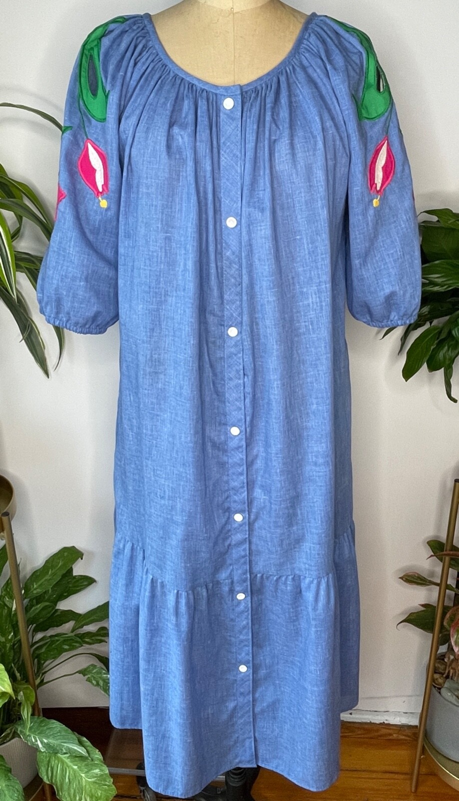 VTG 60’S-70’S SMART TIME BLUE PINK FLORAL COTTAGE CORE HOUSE MUMU DRESS*M
