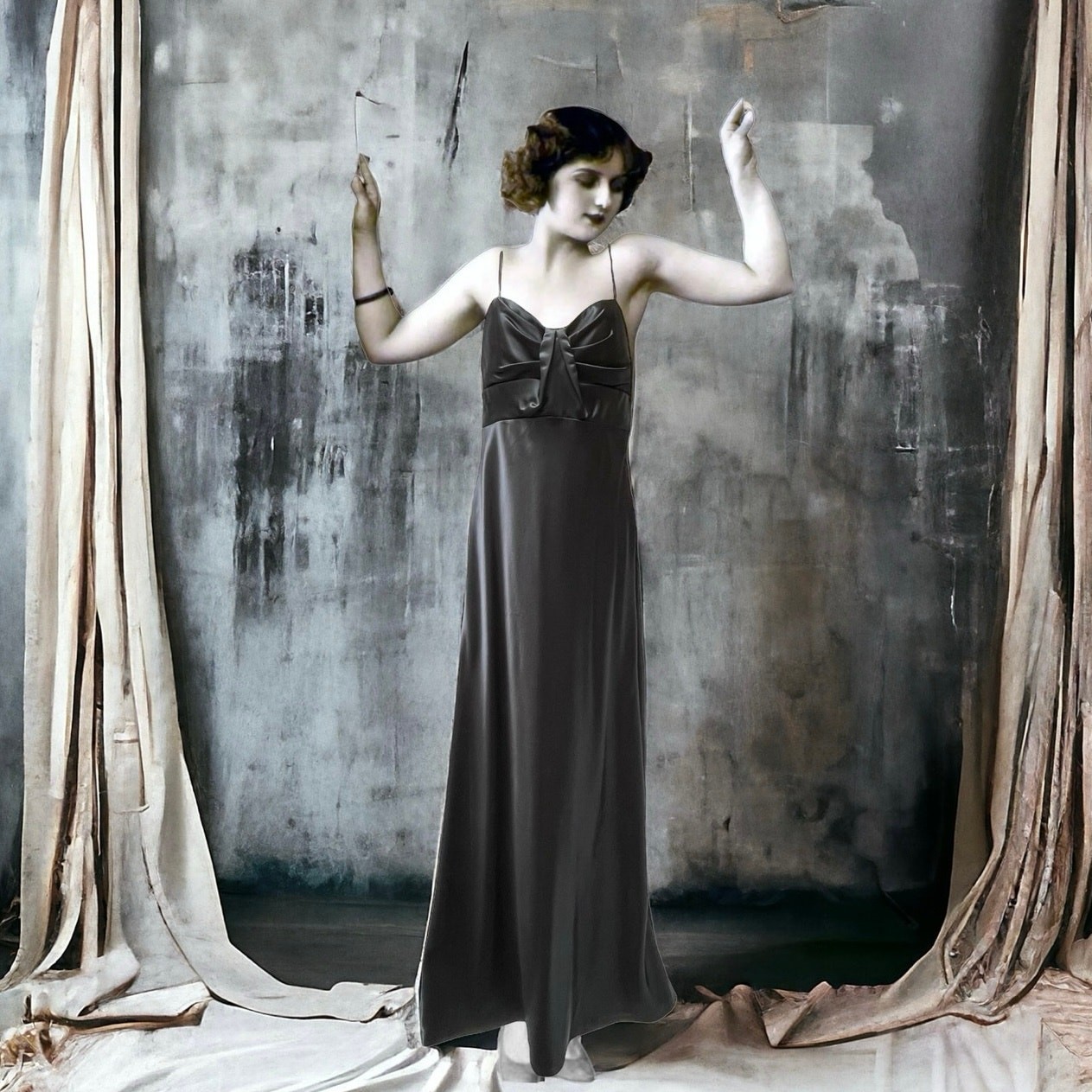 Black Silky Satin Formal Gown 30s Art Deco Style Vintage 1990s LBD Dress Medium
