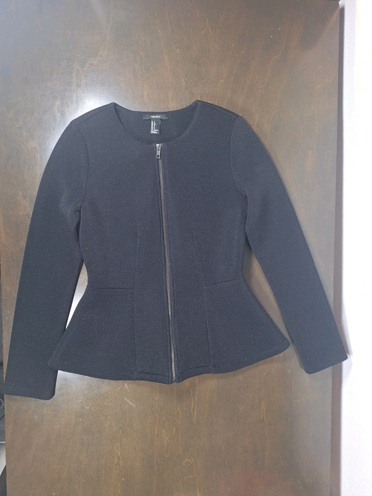 FOREVER 21 Dressy PEPLUM Hem SCUBA Jacket, ZIP Front Black/Silver Sparkle SZ S