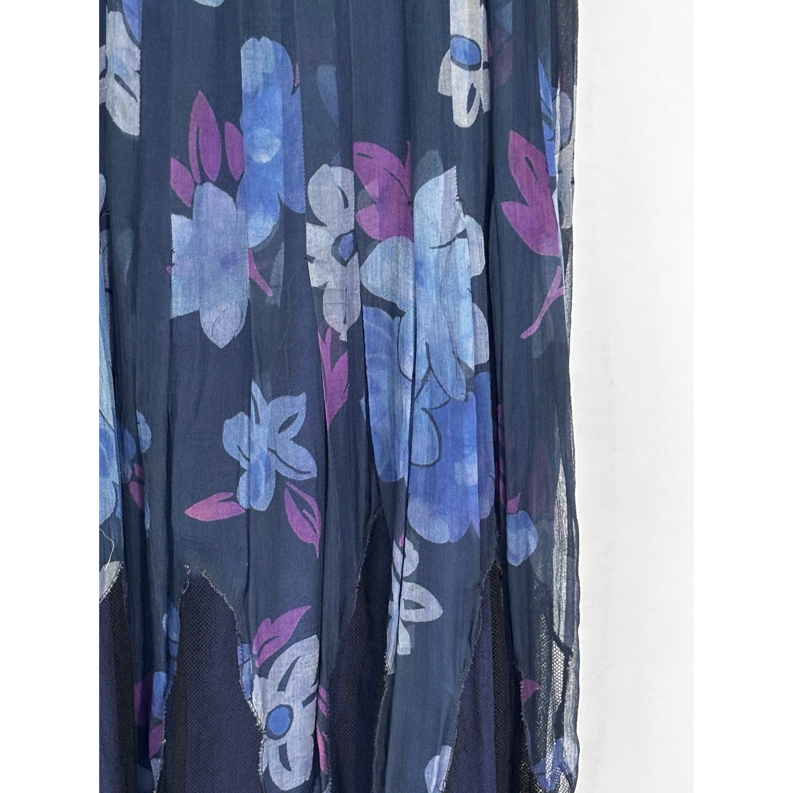 Antique 1920s Navy Floral Silk Dress Flapper Era Flutter Sleeve Drop Waist