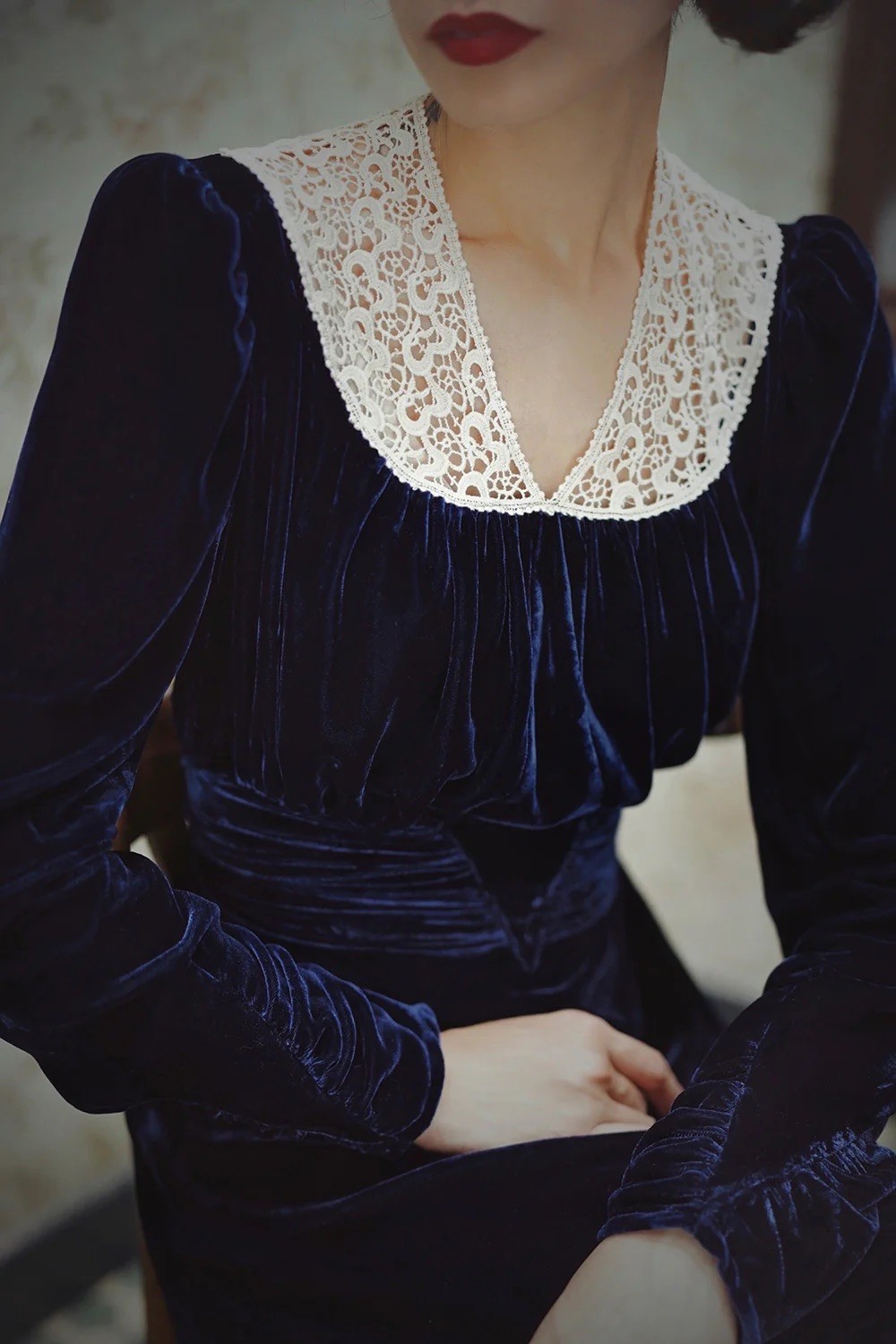 1930s Lace V-Neck Blue Velvet Dress