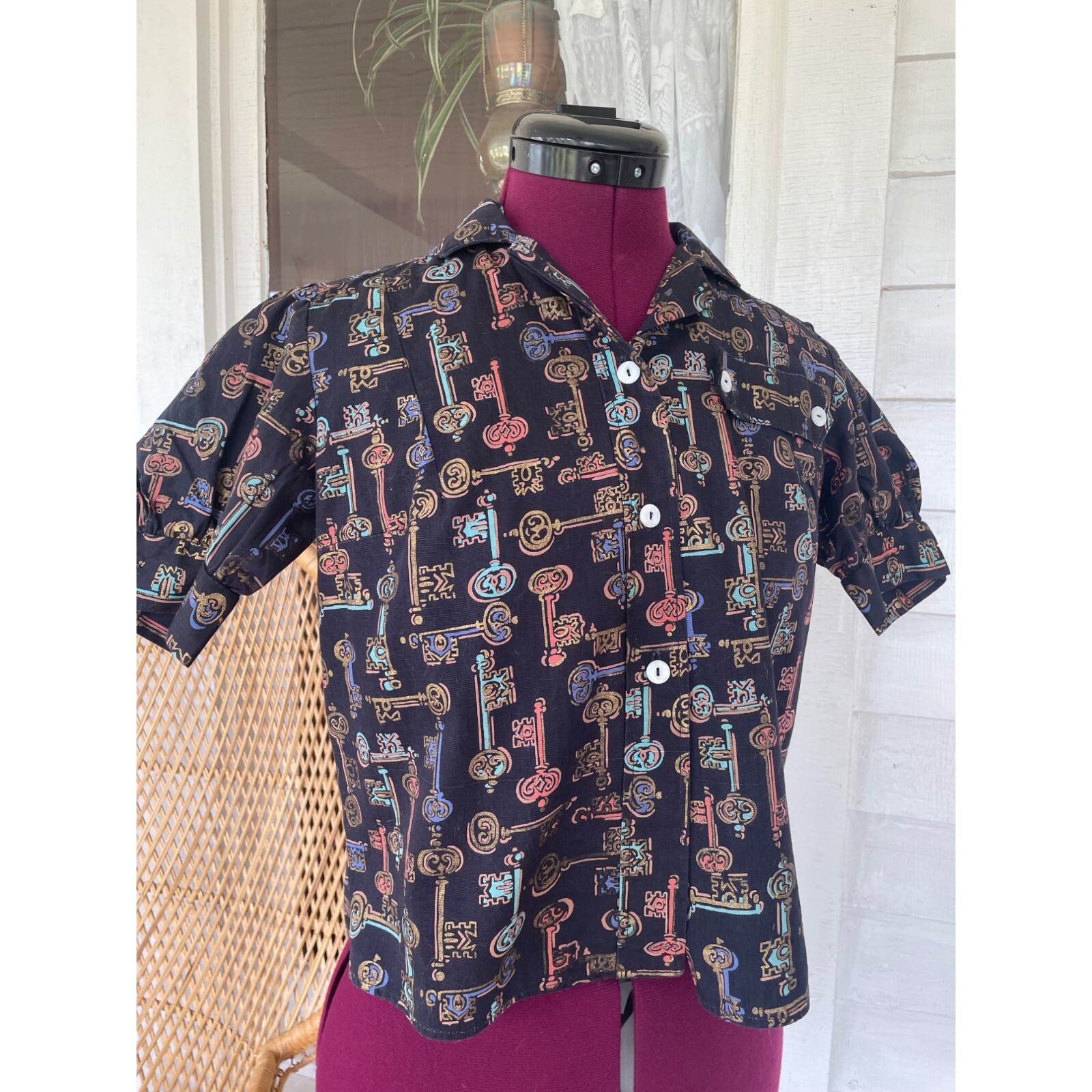 Vintage 1960s Skeleton Key Print Blouse With Puff Sleeves Black Grosgrain Size S