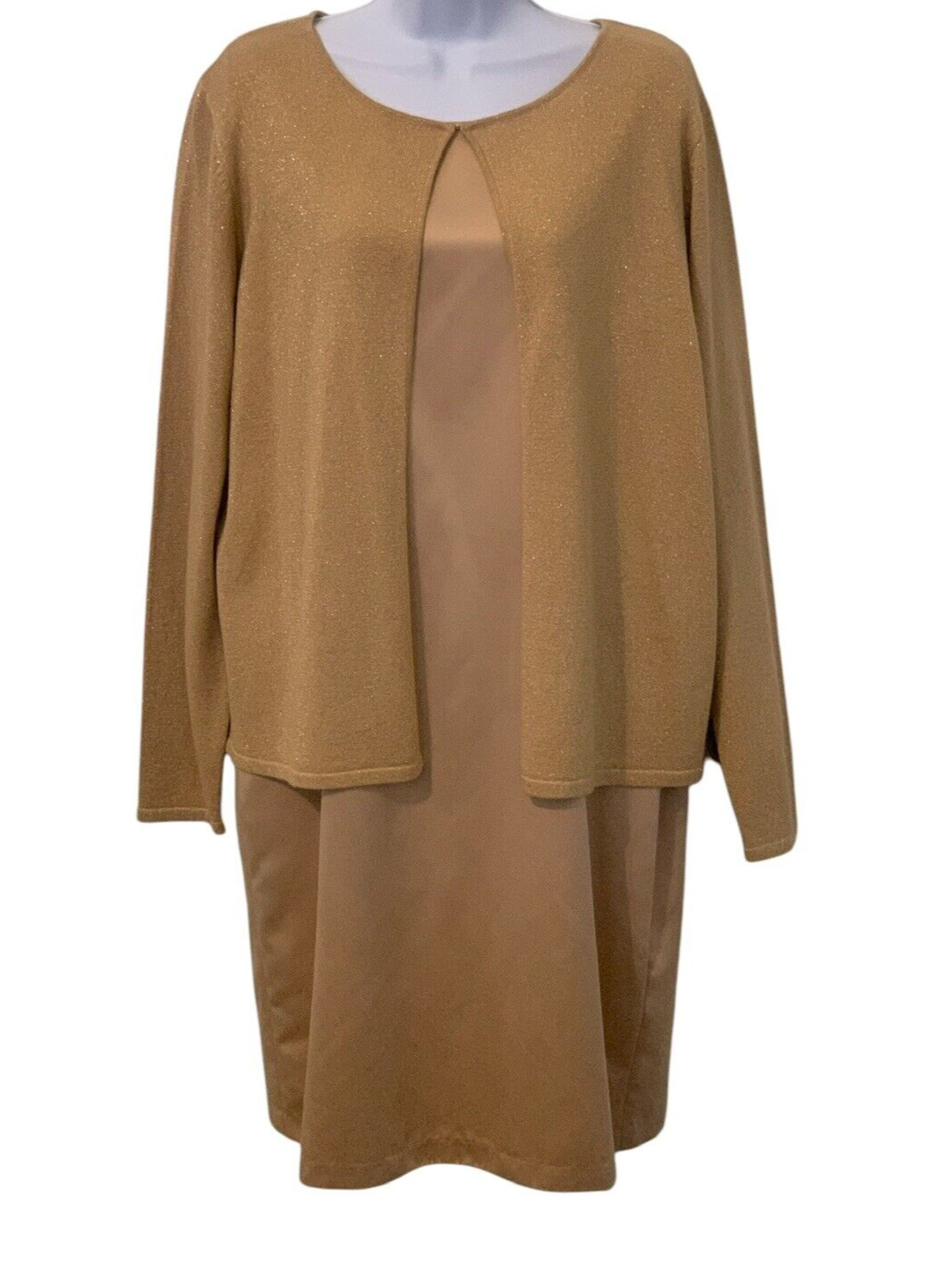 Victoria Holley Womens 2 PC Dress Set Size 14 Gold Silk Blend Matching Cardigan