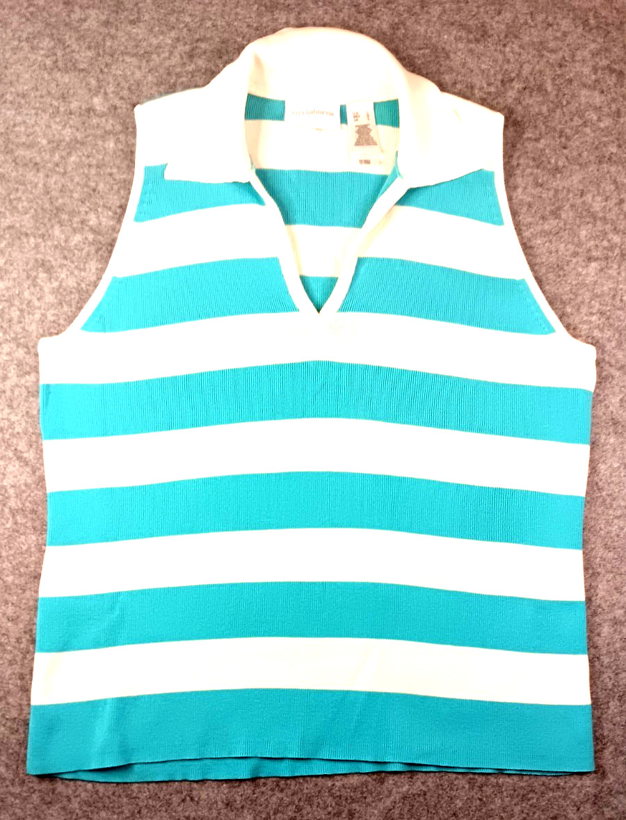 Vintage 90’s Liz Claiborne Top Large Turquoise White Striped Beachy Coastal