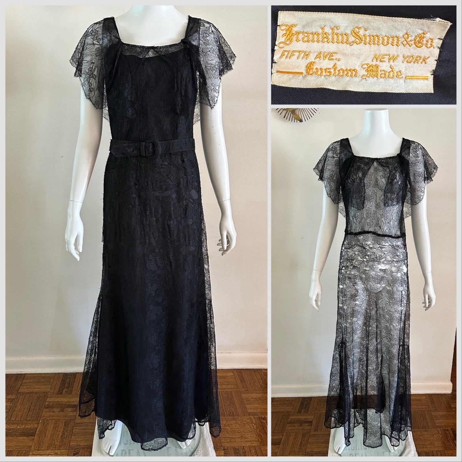 1930s Franklin Simon Co Custom Chantilly Lace Gored Skirt Bias Slip Dress VTG