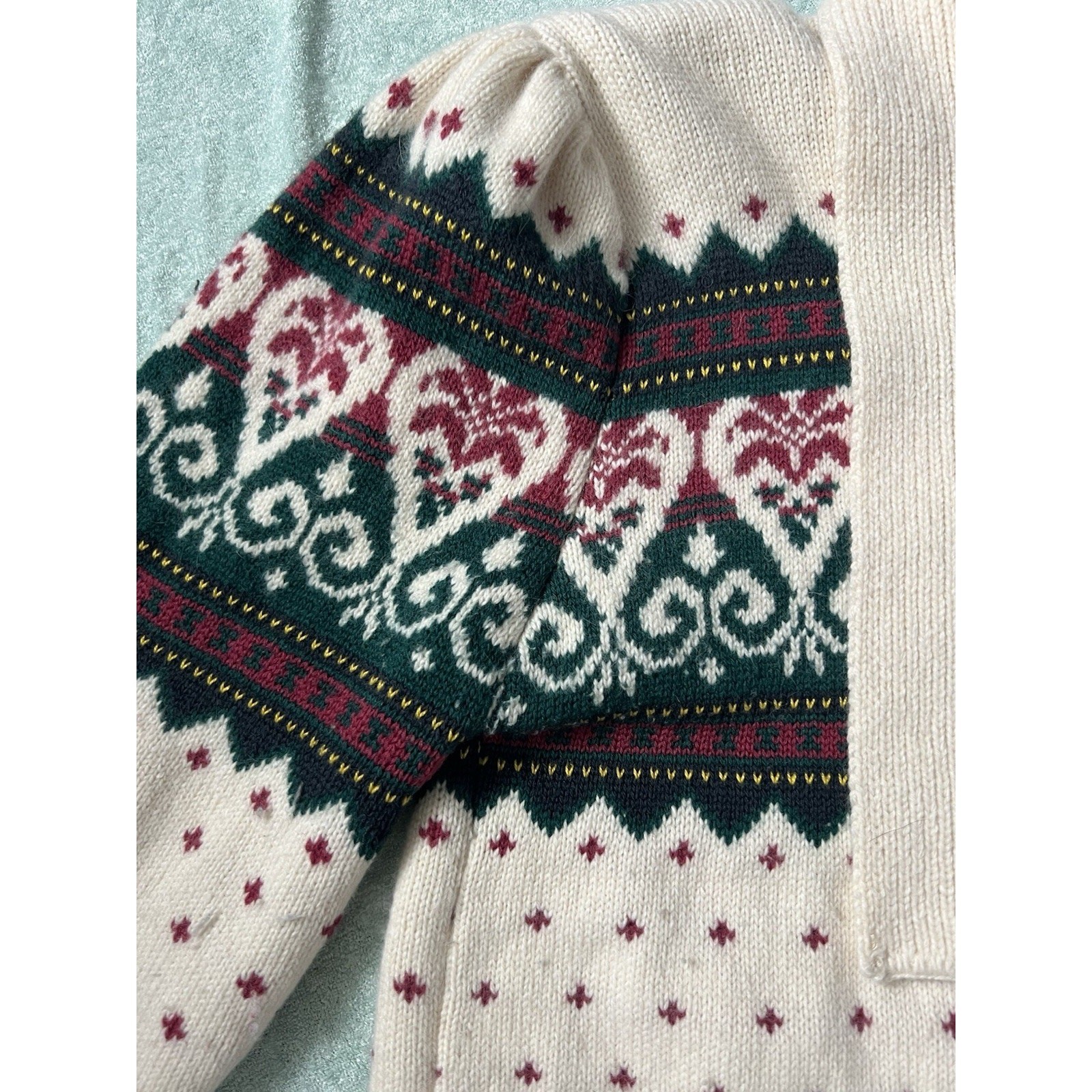 Vintage Cullinane Fair Isle Cardigan Sweater Scarf Cream Red Green Wool Angora