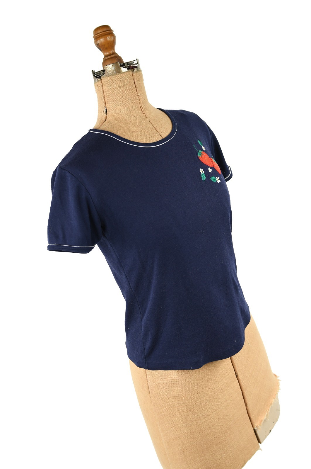 Vintage 70s 80s Navy Blue Novelty Strawberry Short Sleeve Baby Doll T Shirt M L