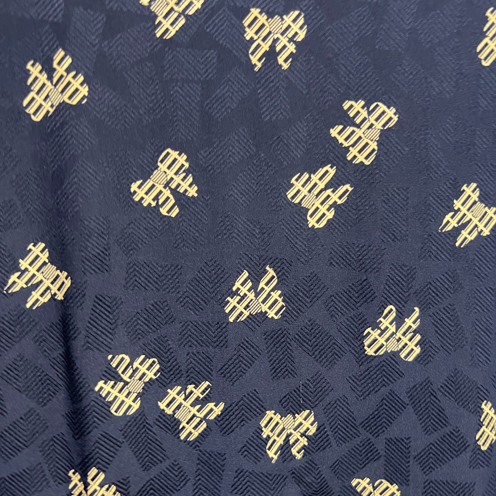 90s Jacquard Bow Print Silk Skirt Blouse Set 12 Navy Office Siren Dark Academia