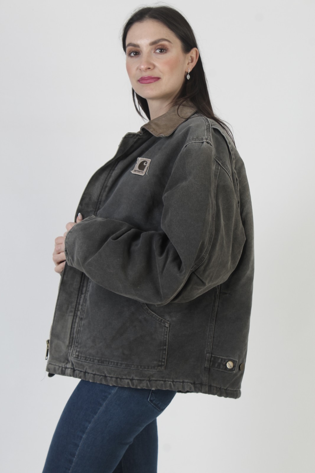 Vintage Carhartt Corduroy Collar Coat Insulated Black Chore Work Full Zip Jacket