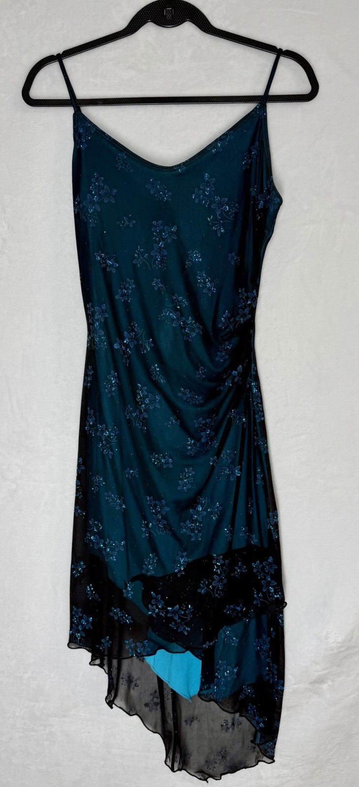 Vintage Y2K Fairycore Blue Glitter Mesh Hi Low Dress Prom Goth Formal Slip M/L