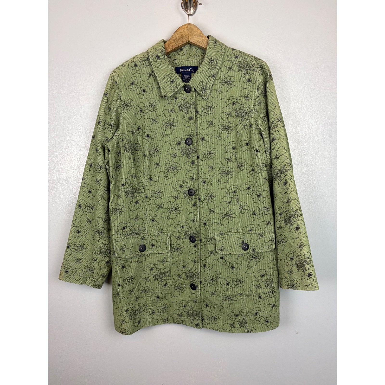 Denim & Co Sage Green Floral Corduroy Barn Jacket Medium Button Front
