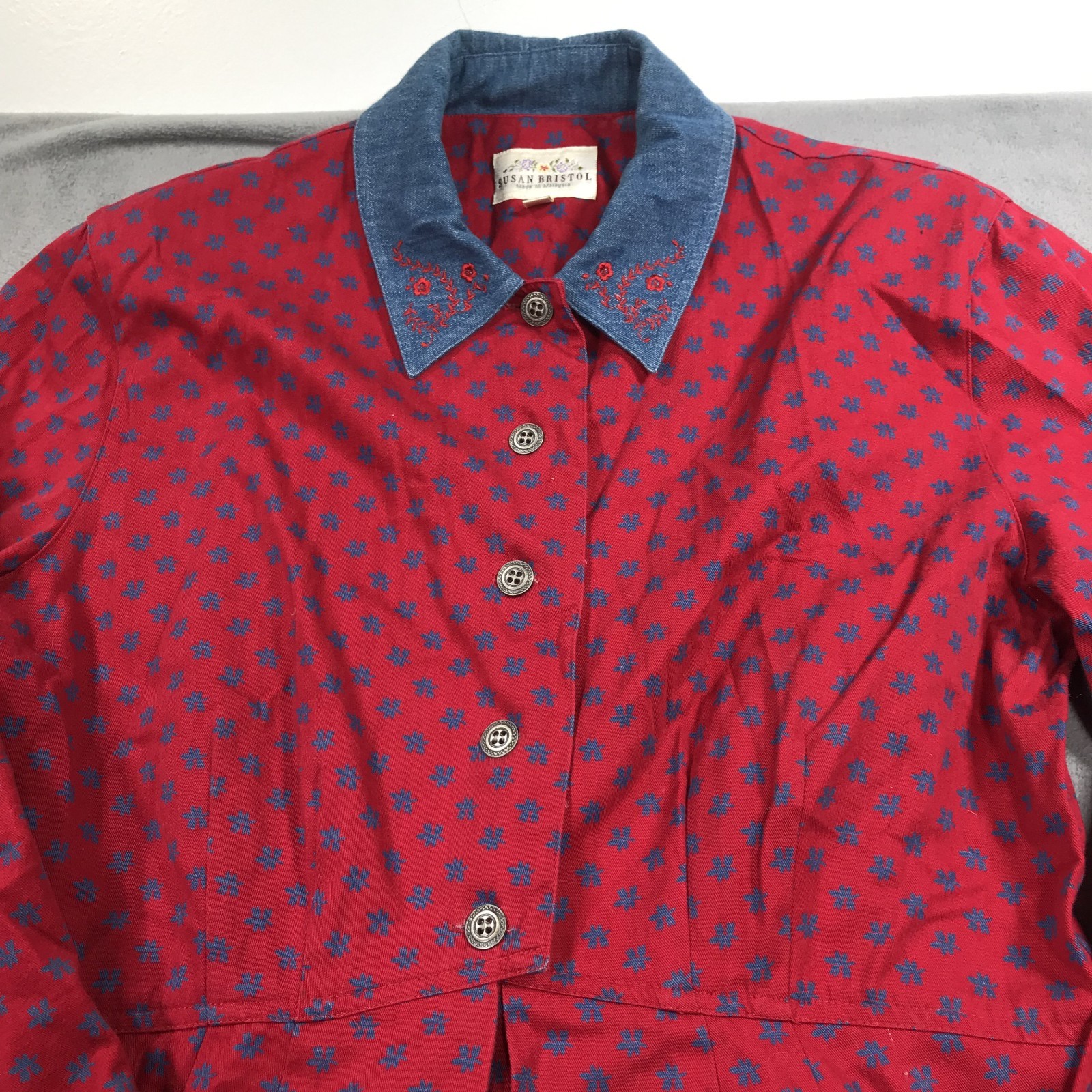 Vintage Susan Bristol Dress Womens 8 Floral Denim Trim Western Farm Prairie 90s