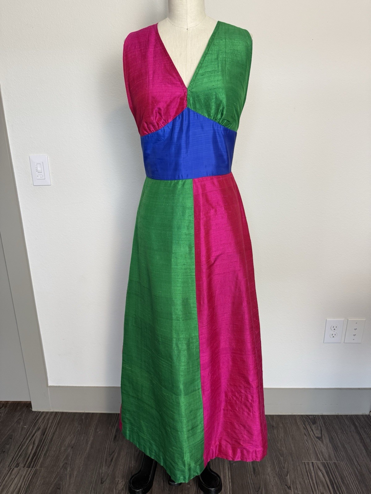 60s 70s VTG Sabina of India for Lord & Taylor Colorblock Silk Maxi Dress, Medium