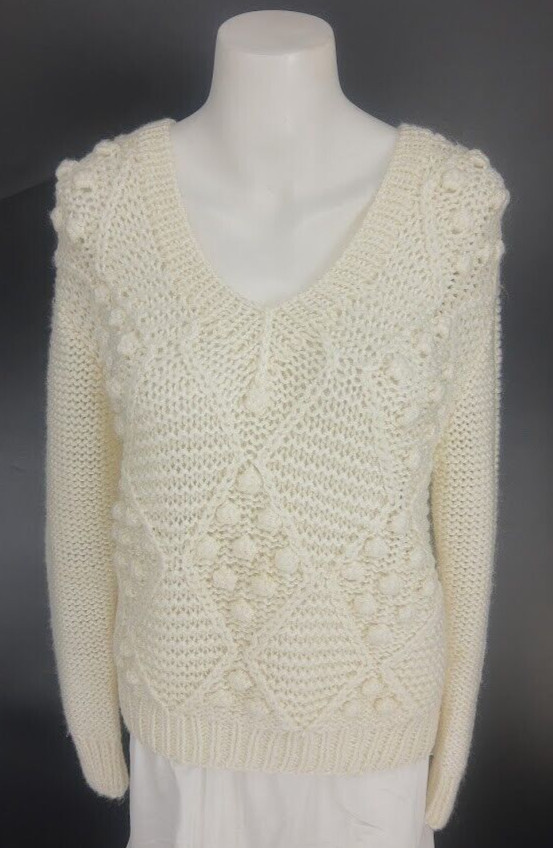 Rare VTG Cream Pom-Pom Sweater SZ L Women’s Diamond Pattern Loose Knit