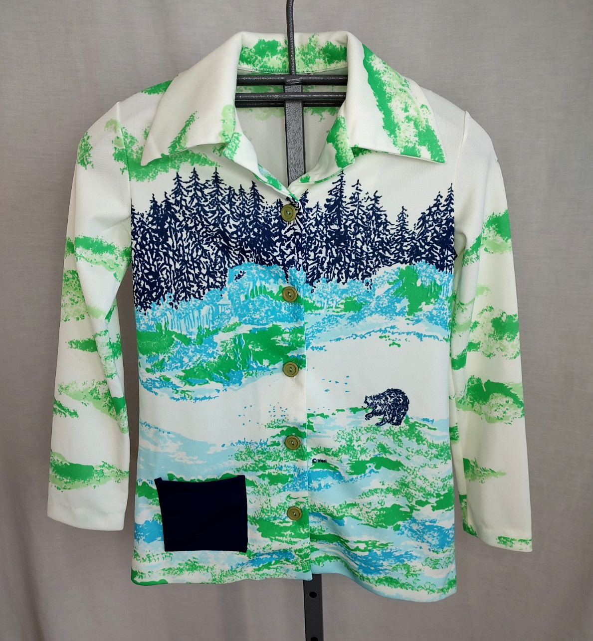 Vtg 60s/70s TRISSI Shirt Blouse Top Womens Sz Lg Trees Bear Outdoors Boho Retro