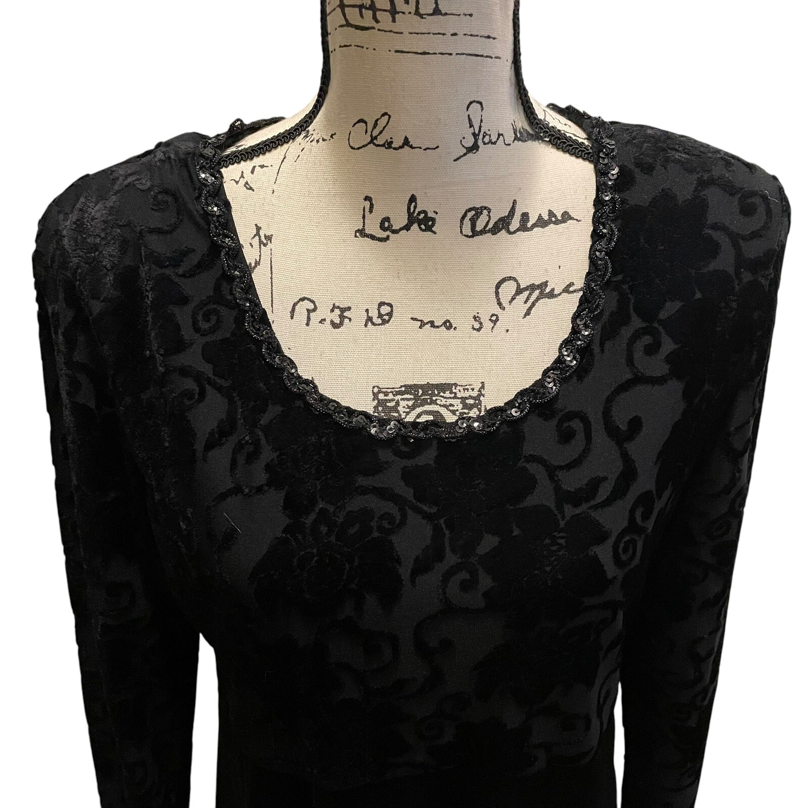 Vintage Molly Malloy Velvet Dress Gown Black Size 12 Burnout Floral beaded USA
