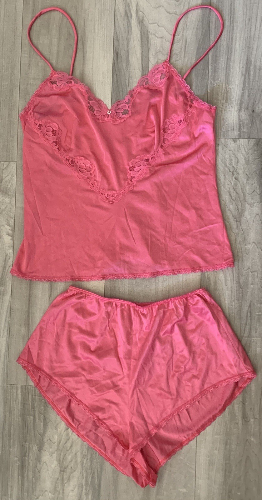 Vtg Silky LACE ROYALE BY WARNER’S Pink Pajama Set Camisole Bottoms Nylon Sz M