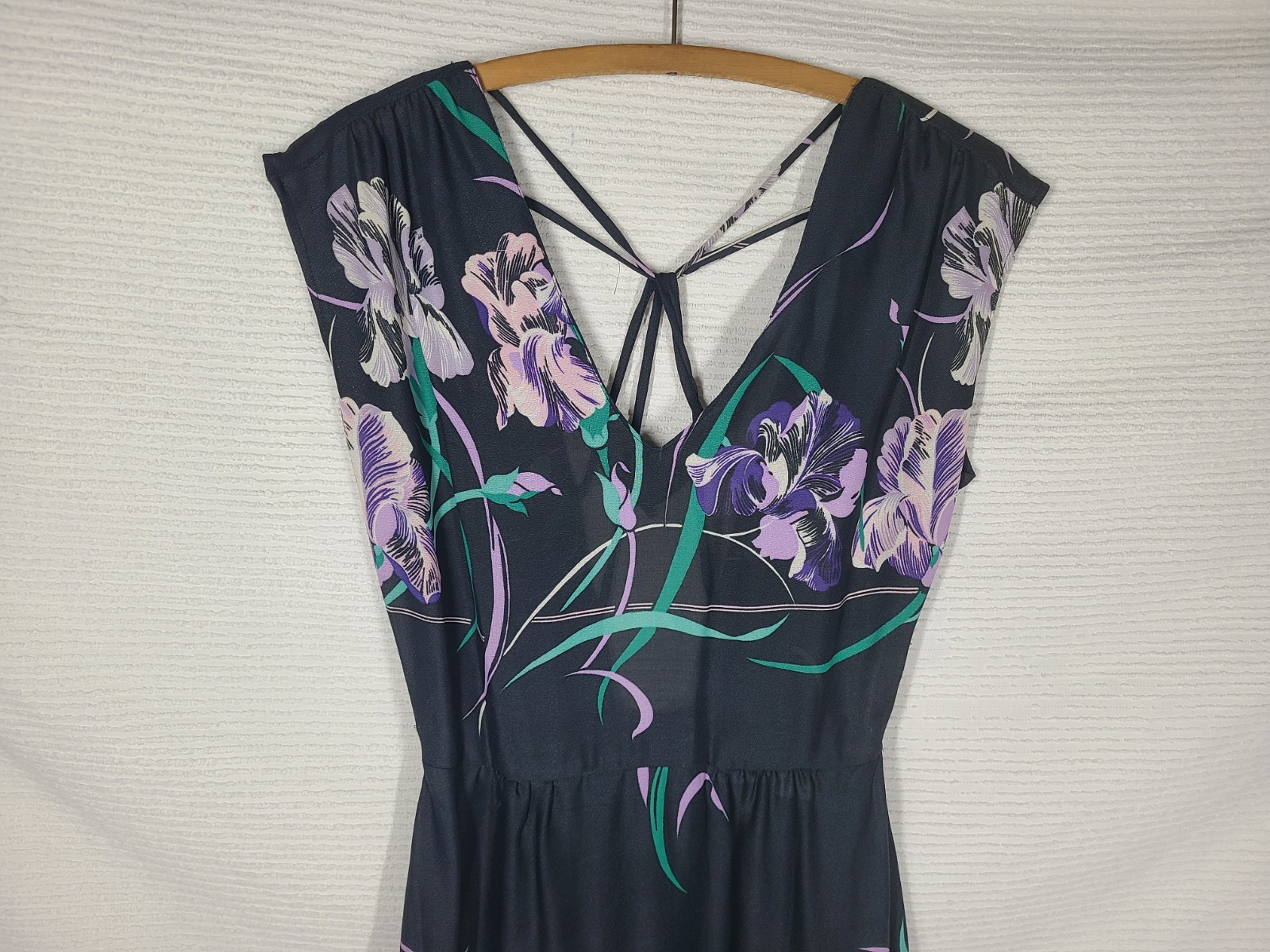 1970s Black Iris Dress Strappy Back Disco Rayon Crepe Malibu Media Vintage Rare