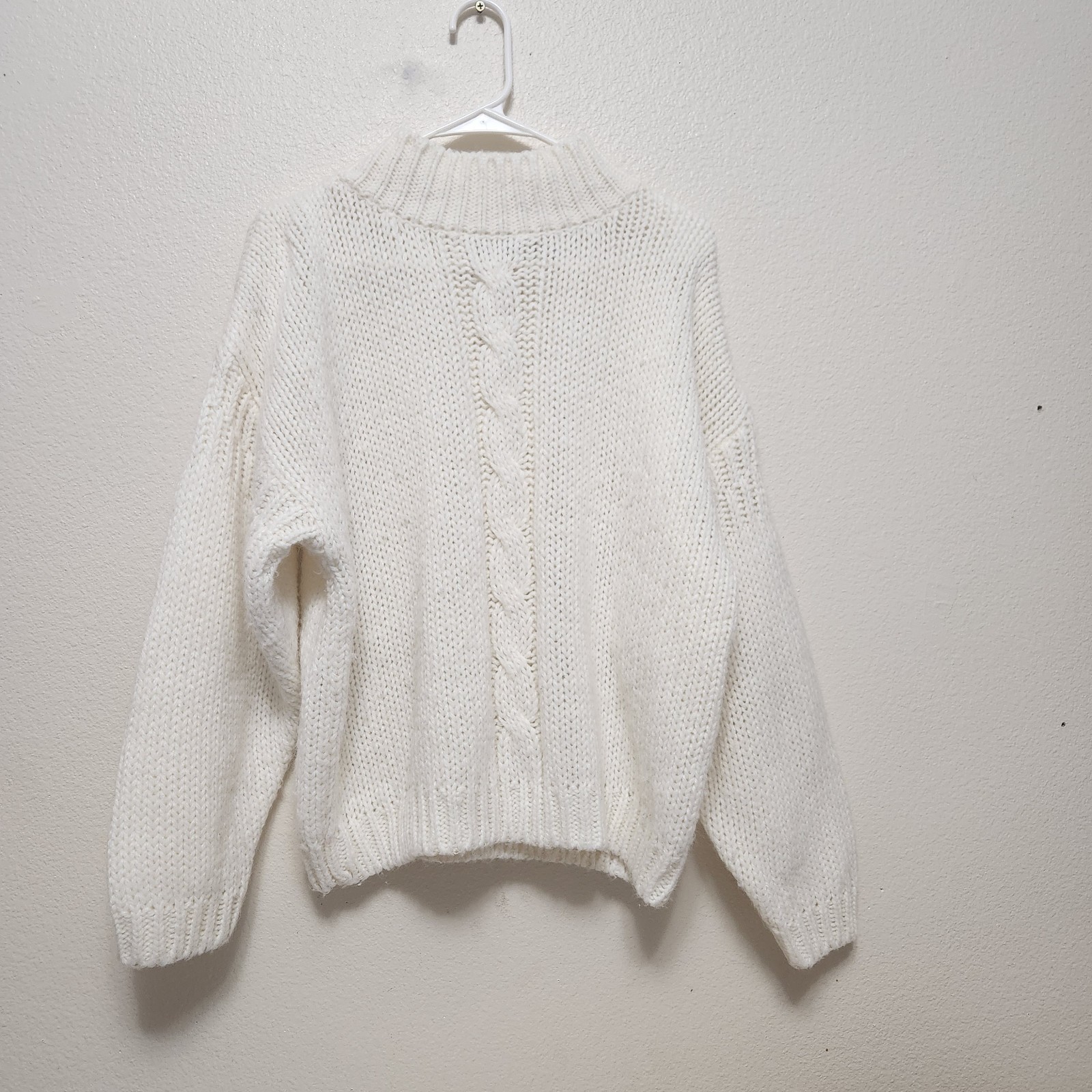 Vintage 80s/90s FAST TURN Cable Knit Wool Sweater L Ivory Boxy Mock Fisherman