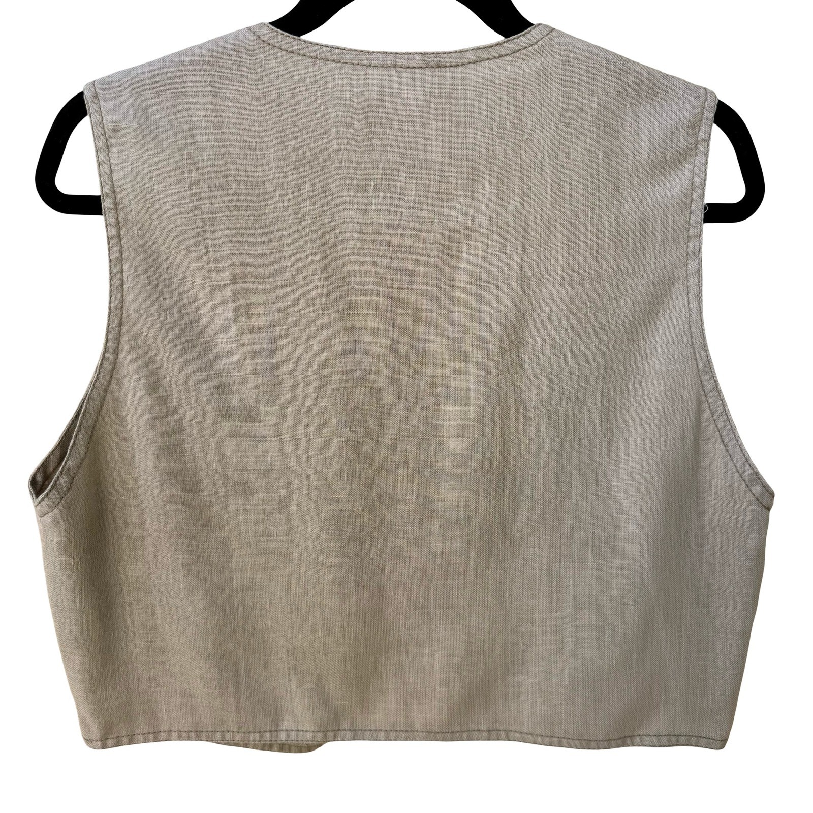 The Kollection Ltd Vintage 70s Beige Linen Open Front Cropped Vest Womens Tan