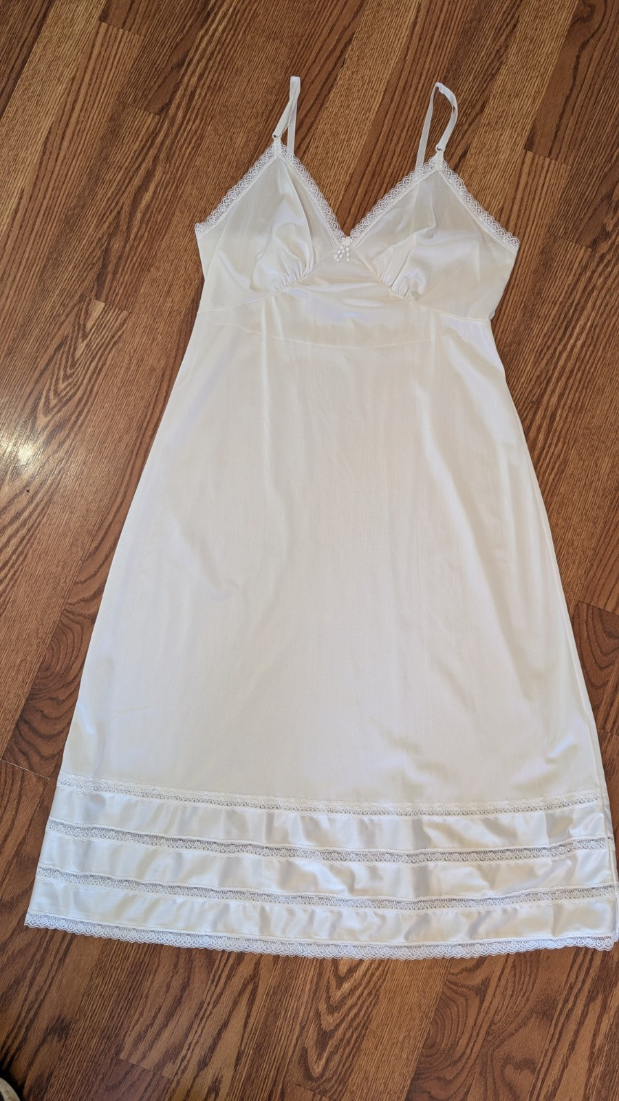 Sears White Nylon Full Slip Lace Bust & Hem Trim Adj Straps Sz 38 Long Perfect!