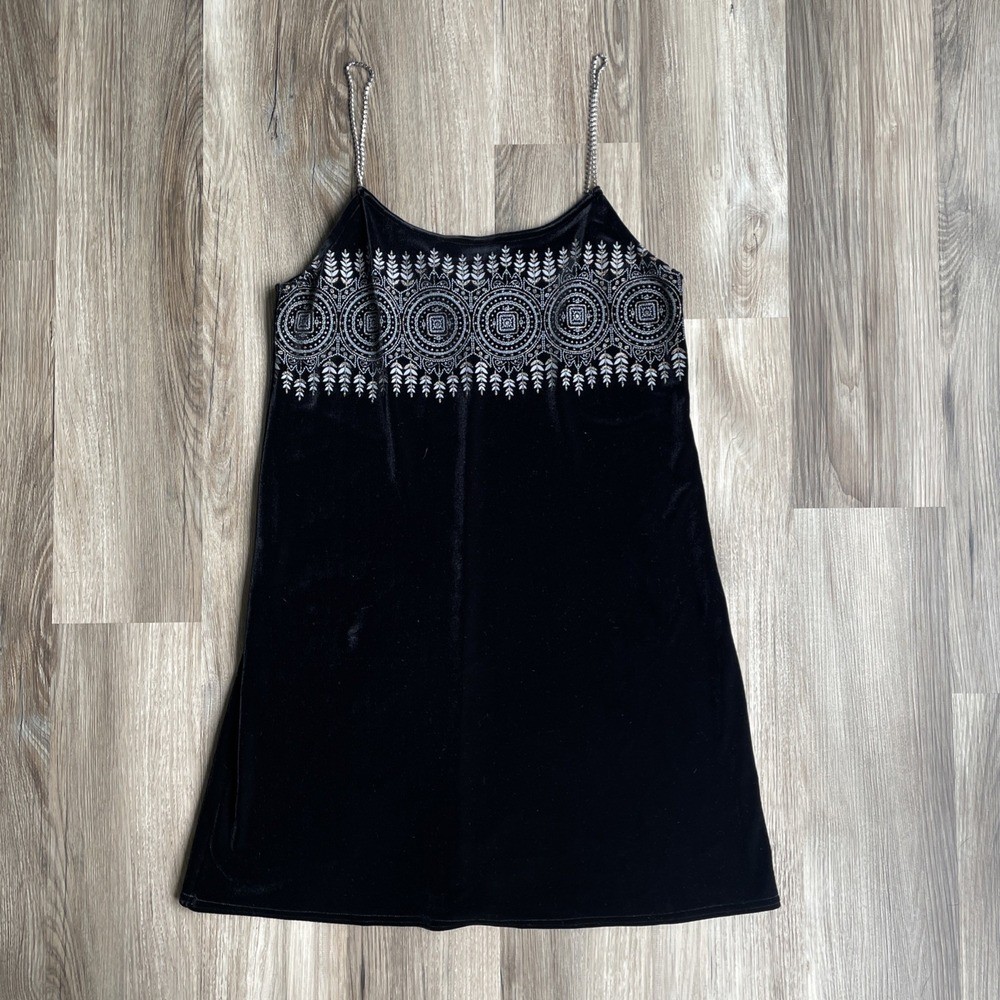 Vintage Y2K Witchy Short Mini Black Velvet Spaghetti Strap Dress Large Tribal