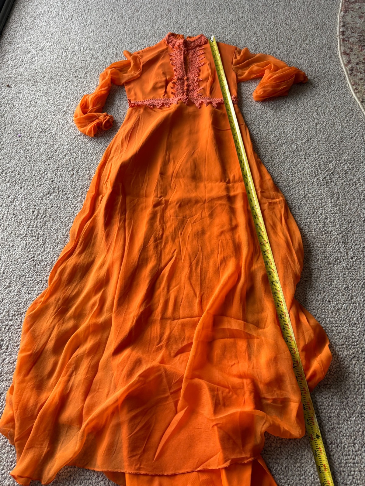 Vintage 70s Orange Boho Prairie Maxi Dress Lace Keyhole Festival S Chic Glam