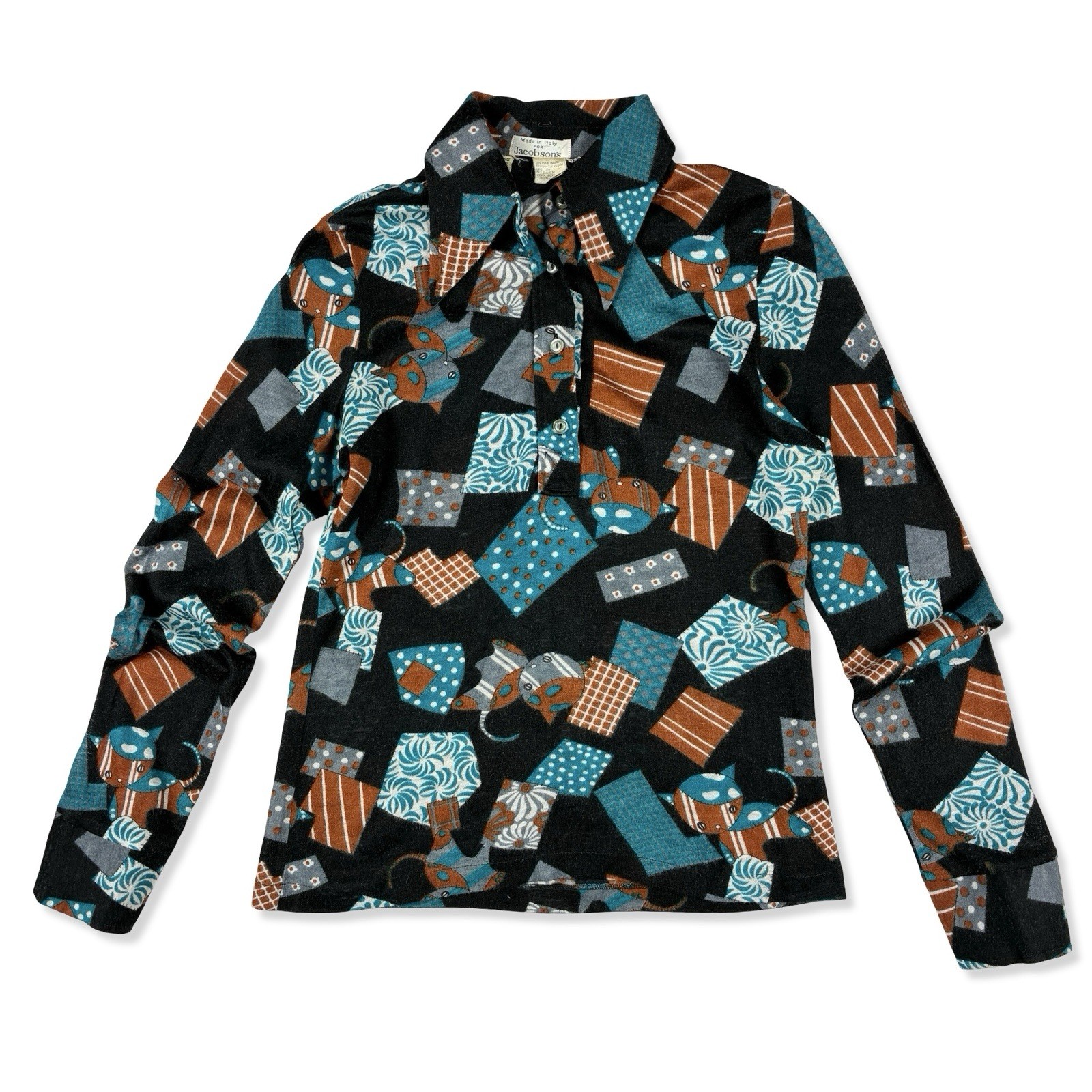VTG 60s Women’s Jacobson’s Italy Mod Cat Print Long Sleeve Dagger Collar Top M