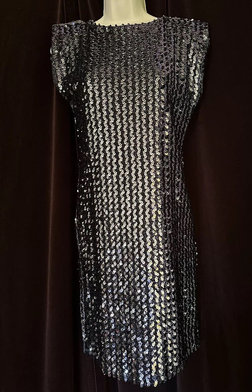 VTG Silver Sequined Disco Mini Party Dress Diamond Run Low Back Cap Sleeve EUC