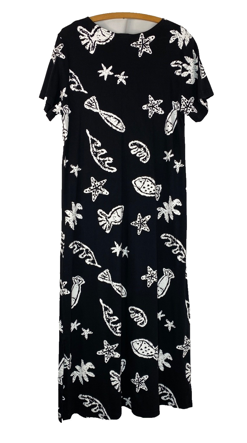 Vintage 1990s novelty print midi dress M fish star beach cotton relaxed pockets