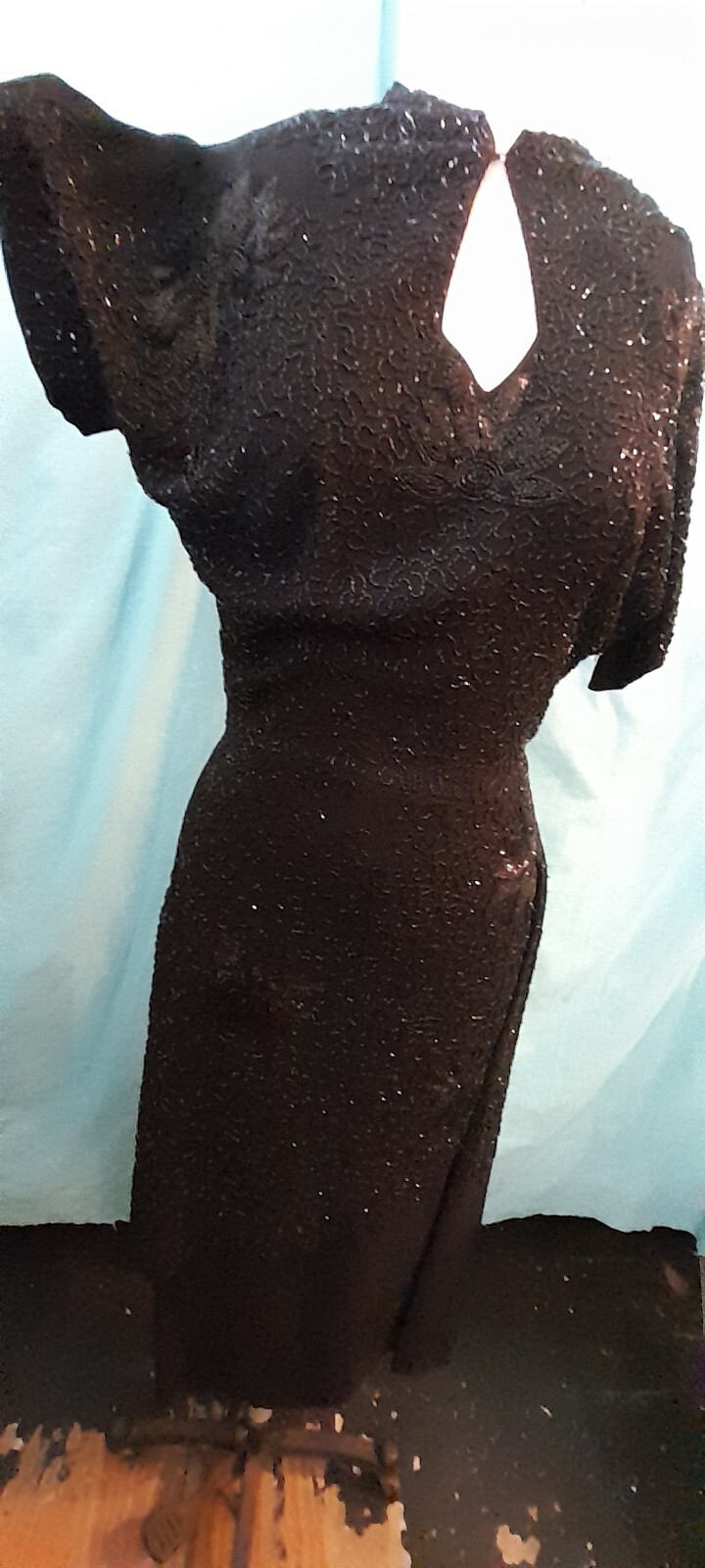 Vtg 1940s Rayon Crepe ENCRUSTED Beaded Black Evening Cocktail Long Sash Dress M