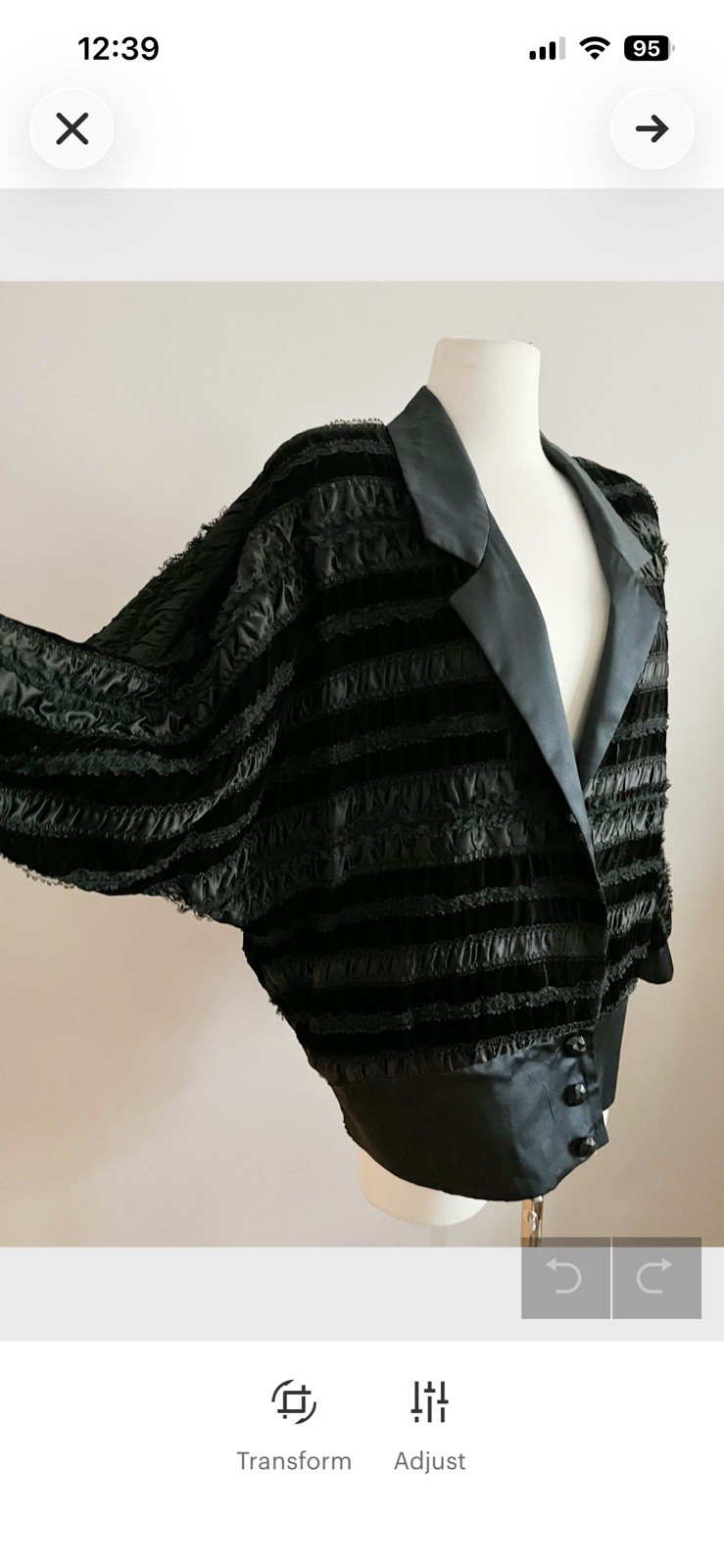1980s Black Ruffle Satin Velvet Dolman sleeve avant garde jacket