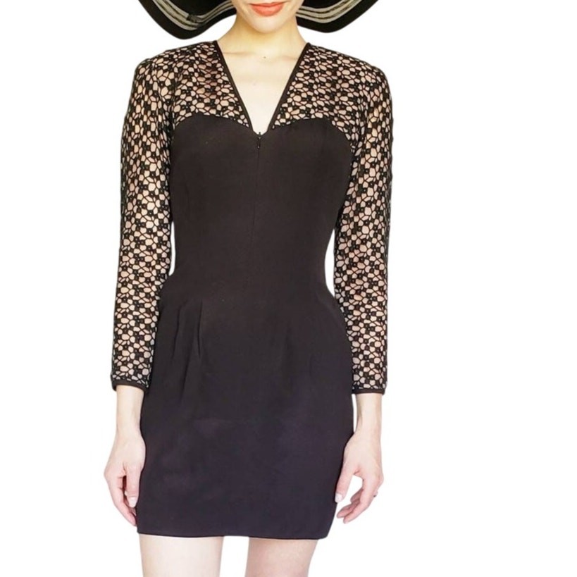 VTG 1980s Black Party Dress Crochet Lace Nude Illusion Kathryn Dianos Zip Front